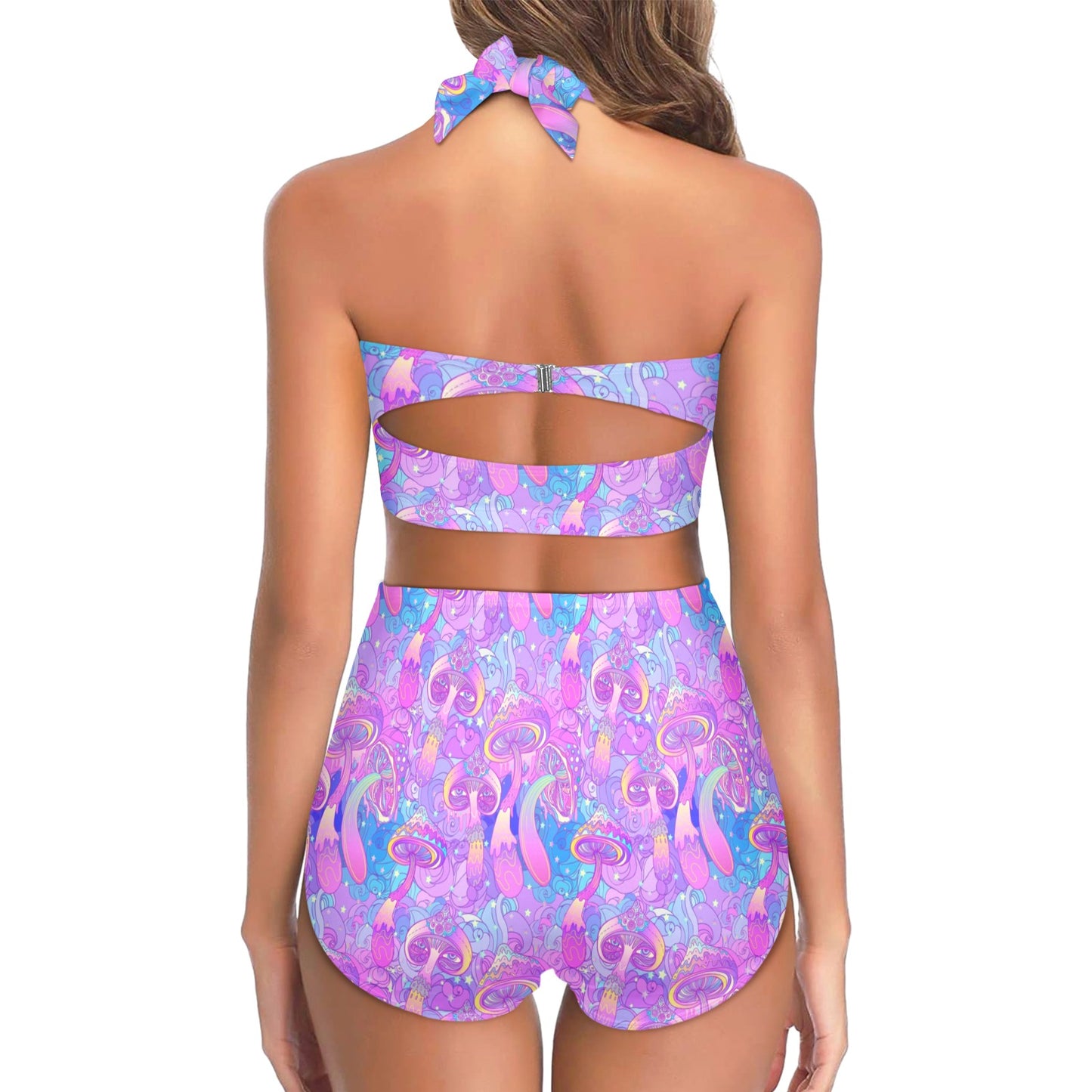 Psychedelic Trippy Mushroom Print Halter Neck Bikini Swimsuit