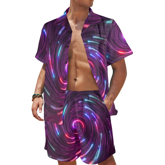 Vortex Twist Swirl Purple Neon Print Men's Beach Shirt and Shorts Set