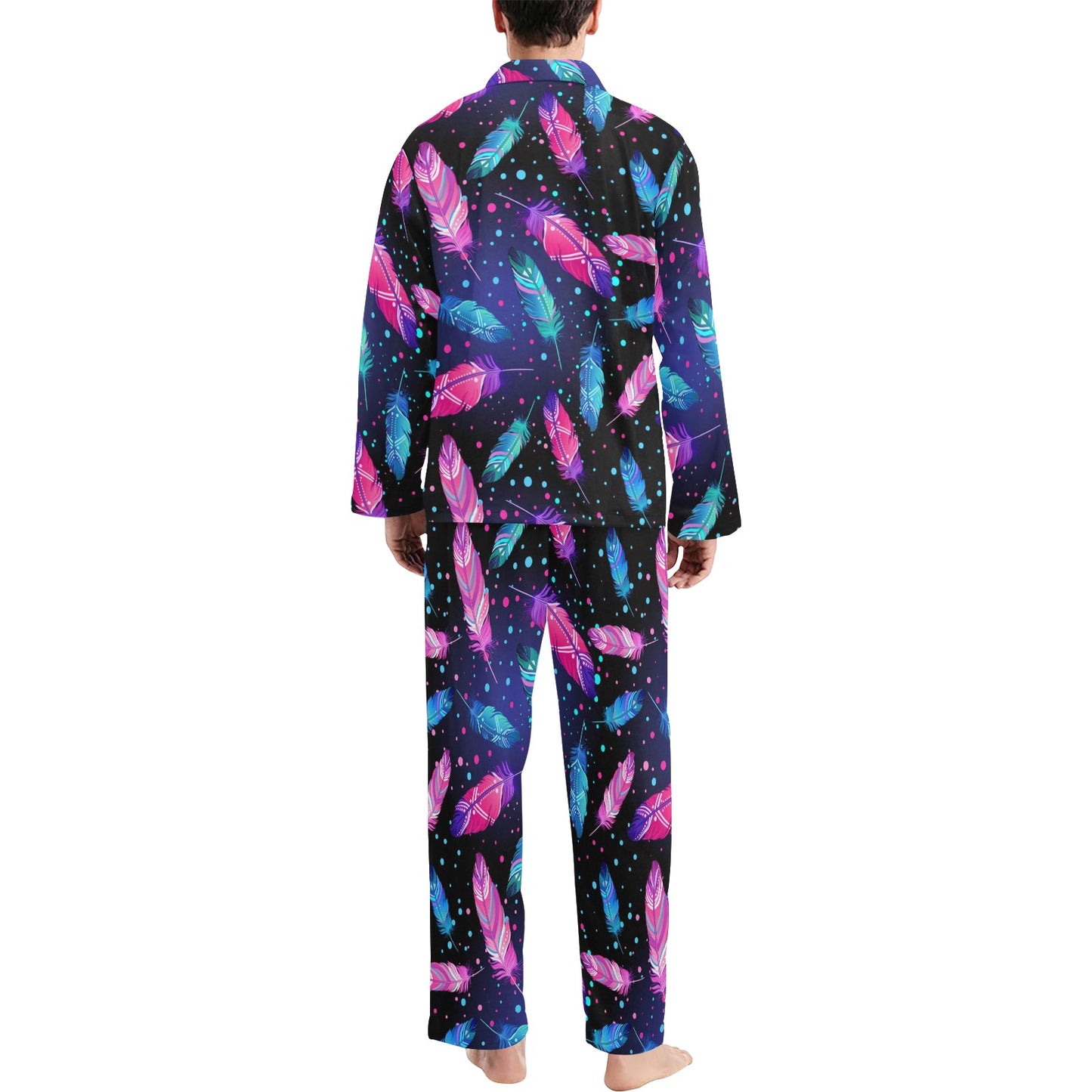 Feather Colorful Boho Design Print Men's Long Pajama Set