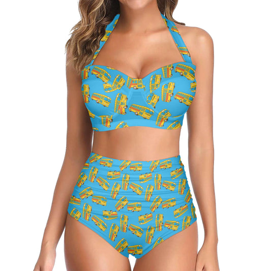 School Bus Print Design LKS302 Halter Neck Bikini Swimsuit