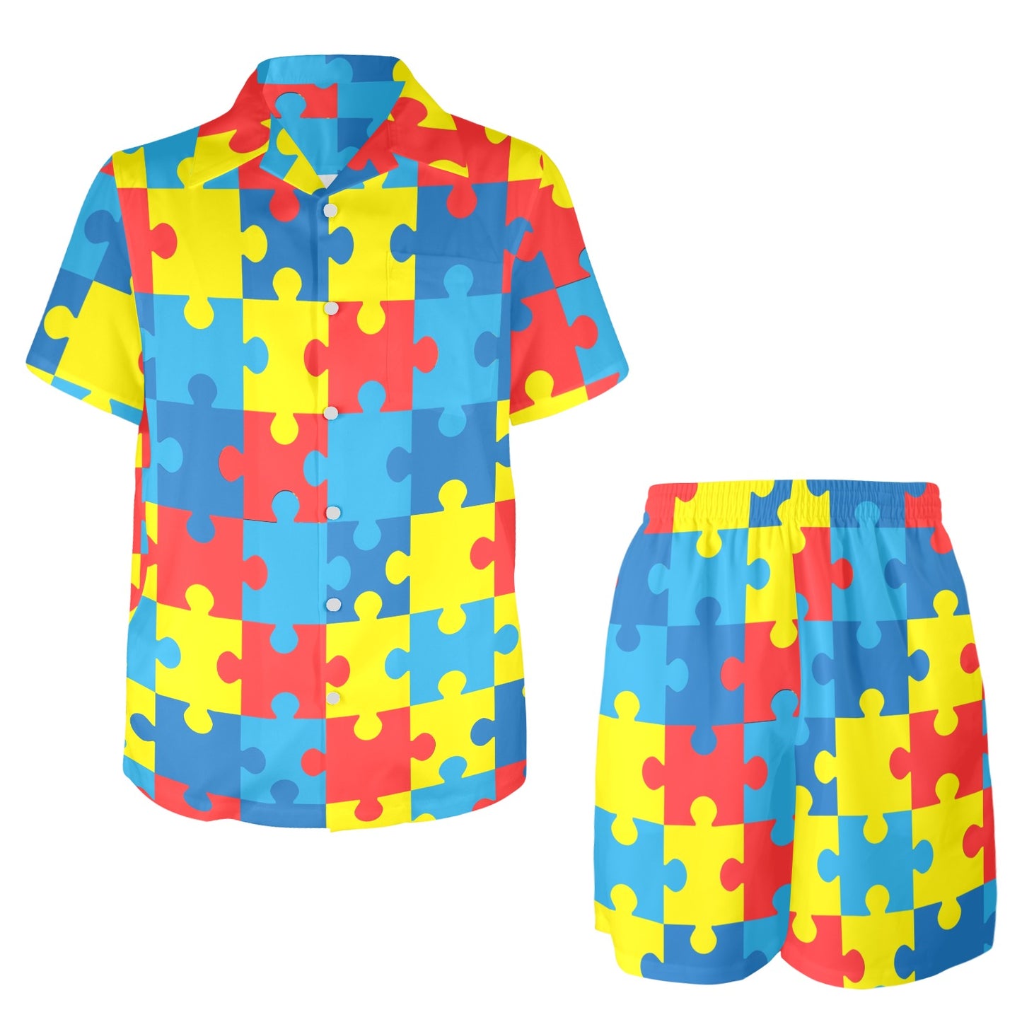 Autism Awareness Puzzles Design Print Men's Beach Shirt and Shorts Set