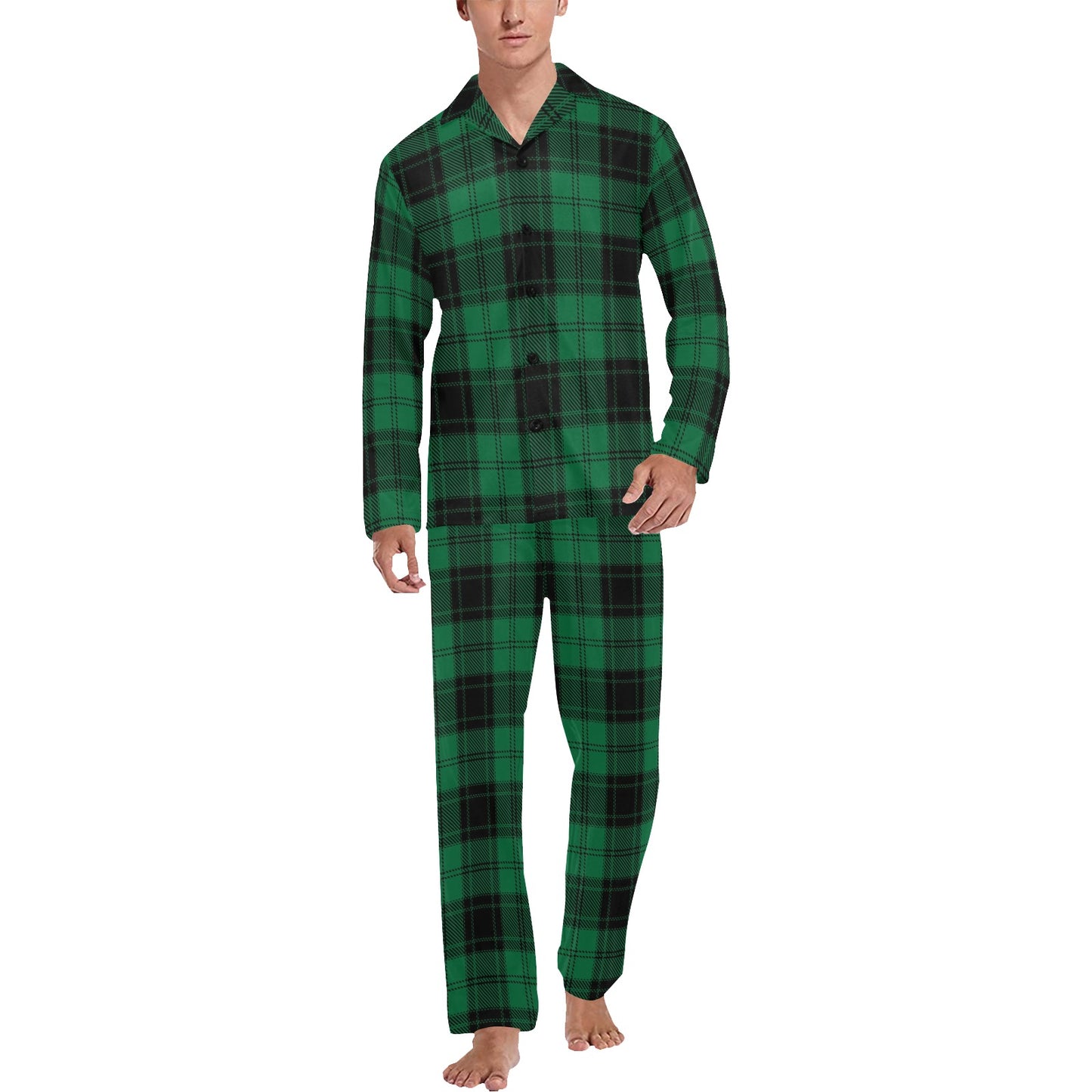 Tartan Green Print Design LKS302 Men's Long Pajama Set