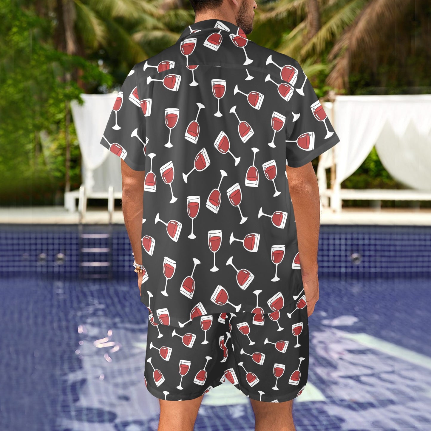Wine Glass Print Design LKS303 Men's Beach Shirt and Shorts Set