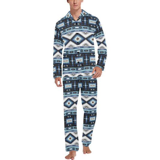 Navajo Dark Blue Print Pattern Men's Long Pajama Set