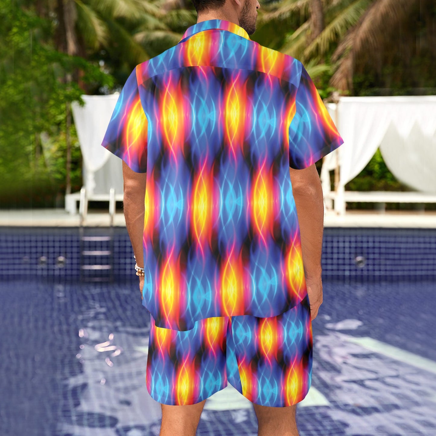 Flame Fire Blue Design Print Men's Beach Shirt and Shorts Set