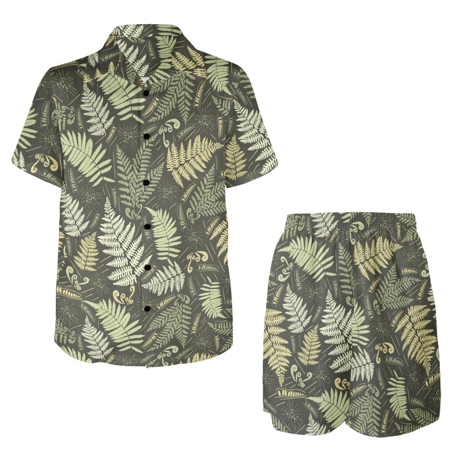 Fern Leave Green Print Pattern Men's Beach Shirt and Shorts Set
