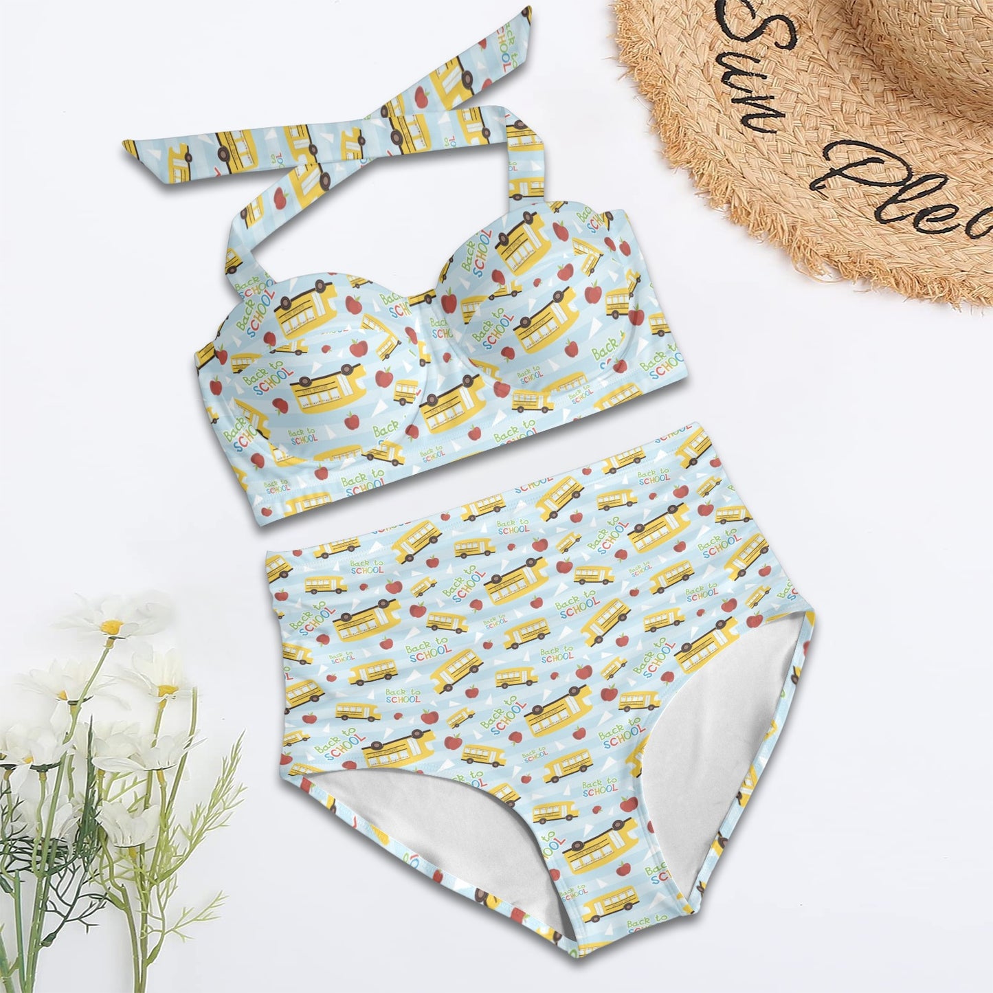 School Bus Back To School Print Design LKS303 Halter Neck Bikini Swimsuit