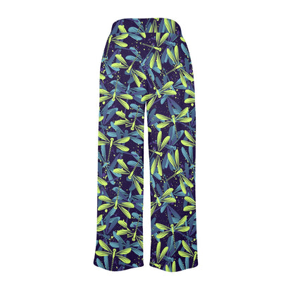 Dragonfly Lime Blue Print Pattern Women's Wide Leg Lounge Pants