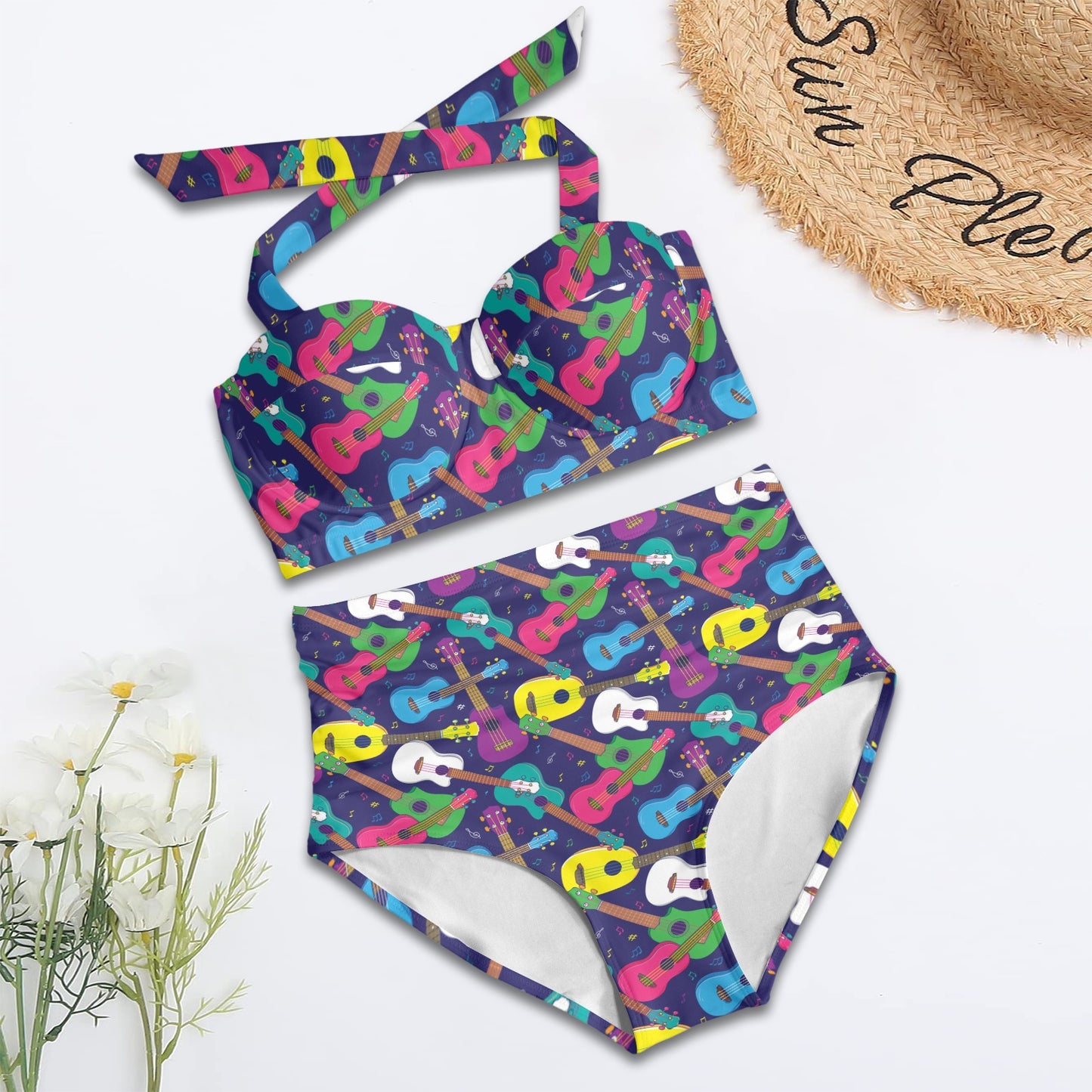 Ukulele Pattern Print Design 02 Halter Neck Bikini Swimsuit