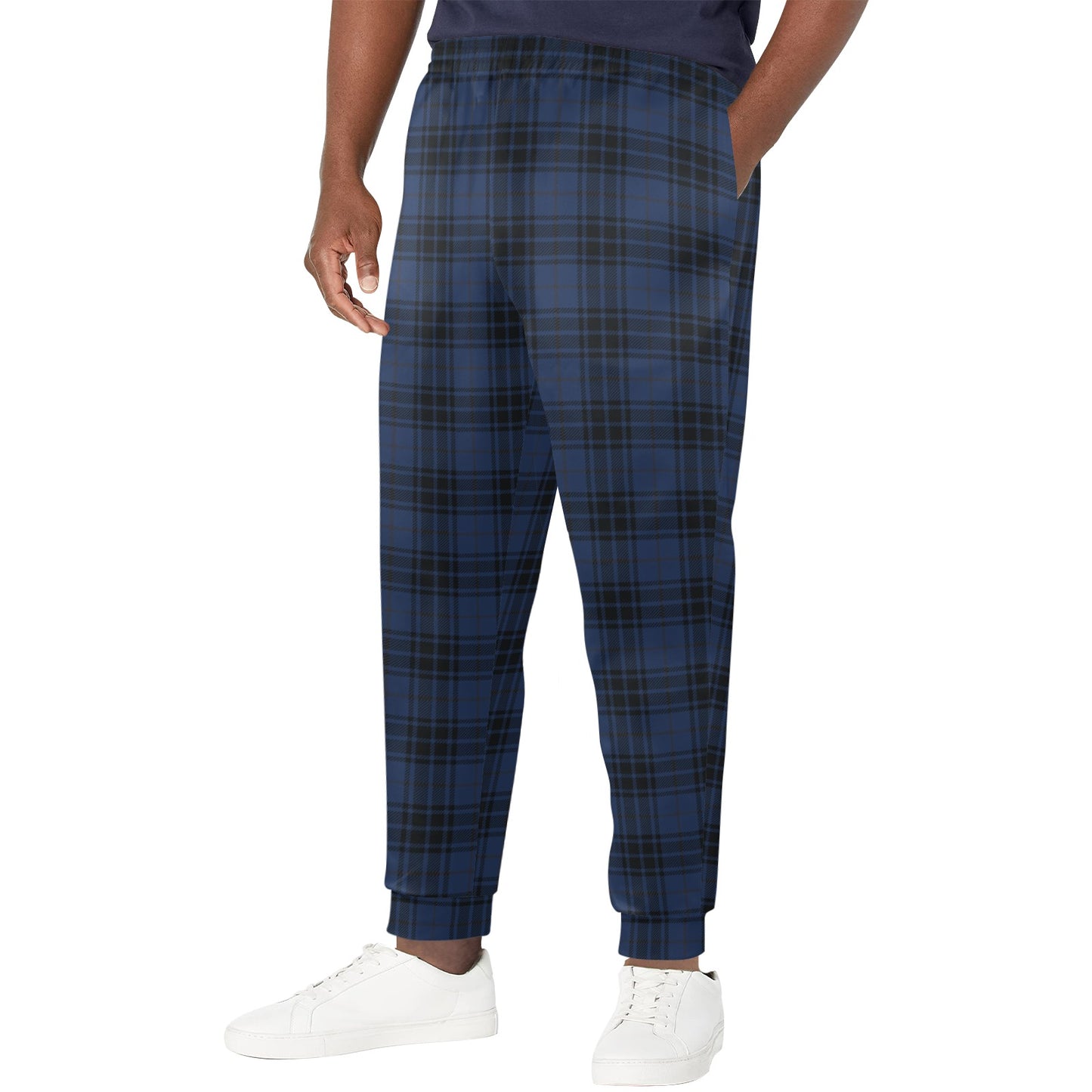 Navy Blue Tartan Plaid Pattern Men's Casual Track Pants