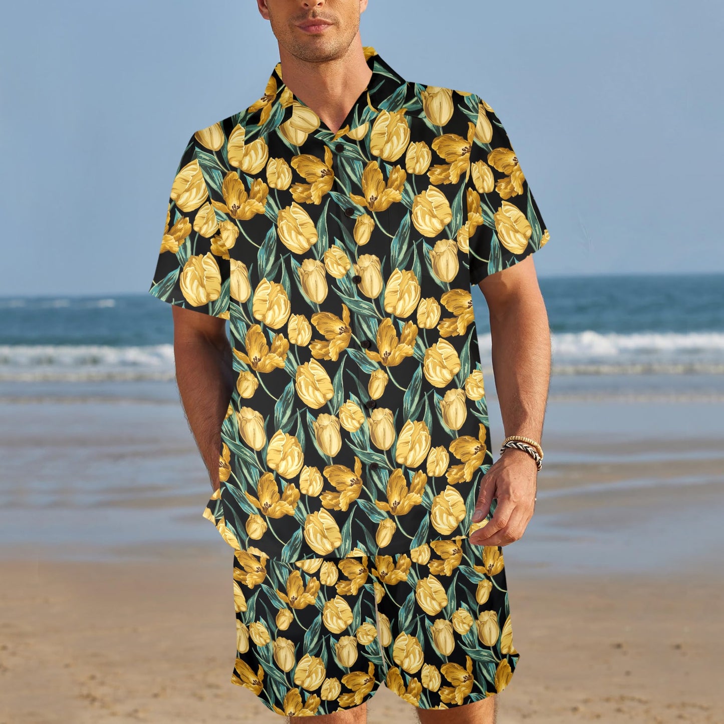 Elegant Yellow Tulip Print Men's Beach Shirt and Shorts Set