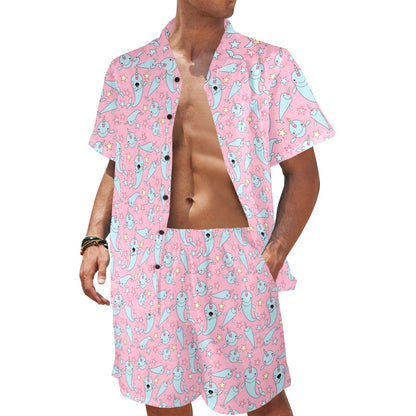 Narwhal Cartoon Cute Print Men's Beach Shirt and Shorts Set