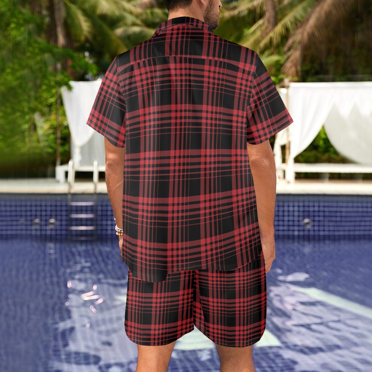 Tartan Red Black Print Design LKS303 Men's Beach Shirt and Shorts Set
