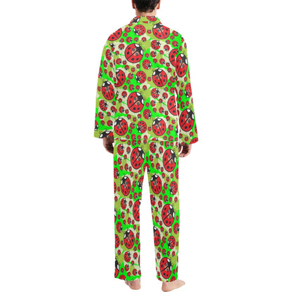 Ladybug with Leaf Print Pattern Men's Long Pajama Set