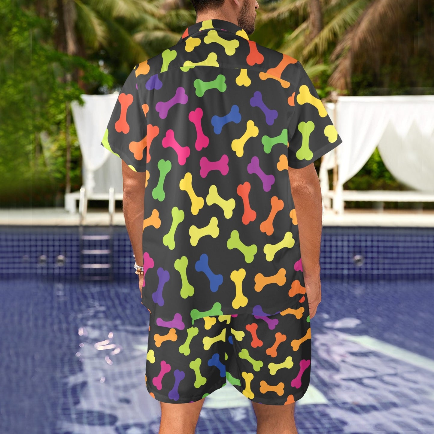 Dog Bone Neon Color Pattern Print Design 02 Men's Beach Shirt and Shorts Set