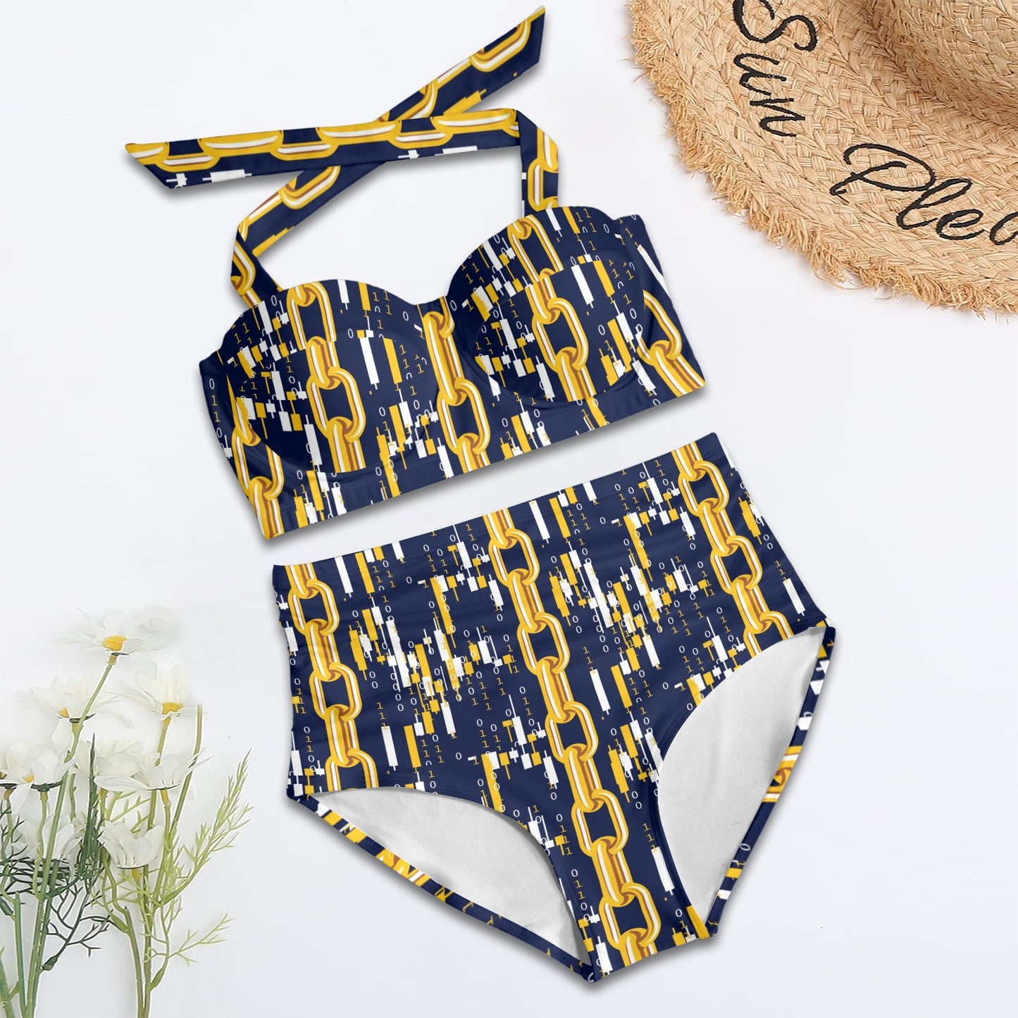 Cryptocurrency Chain Pattern Print Design 03 Halter Neck Bikini Swimsuit