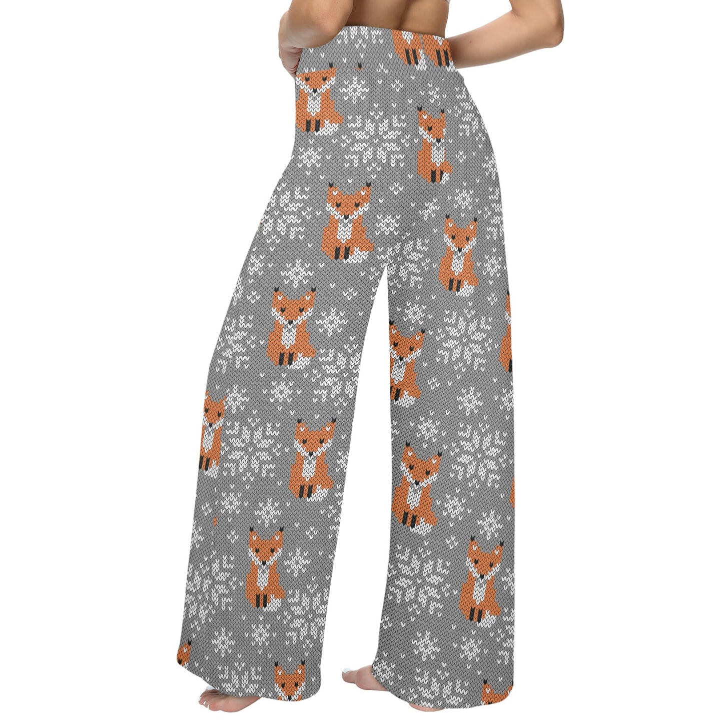 Knit Red Fox Pattern Print Design 02 Women's Wide Leg Lounge Pants