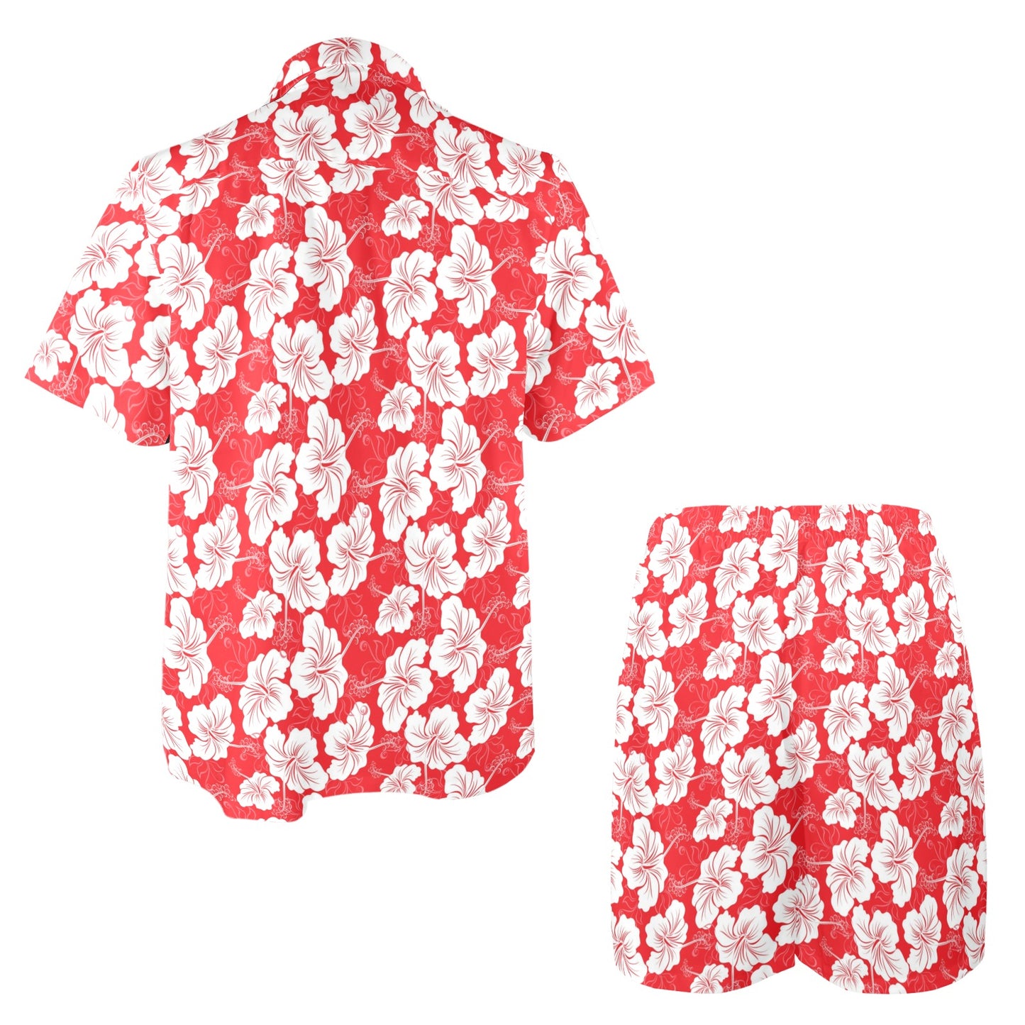 Flower Hawaiian Hibiscus Red Background Print Men's Beach Shirt and Shorts Set