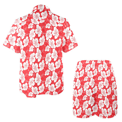 Flower Hawaiian Hibiscus Red Background Print Men's Beach Shirt and Shorts Set
