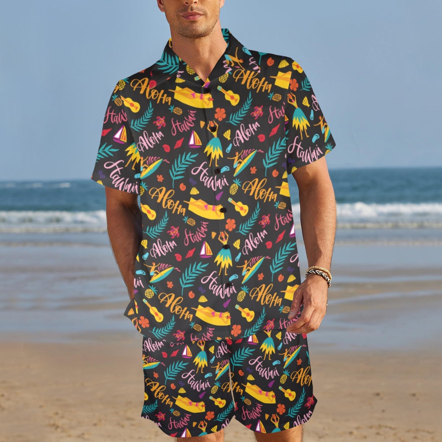 Aloha Hawaii Summer Design Themed Print Men's Beach Shirt and Shorts Set