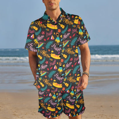 Aloha Hawaii Summer Design Themed Print Men's Beach Shirt and Shorts Set