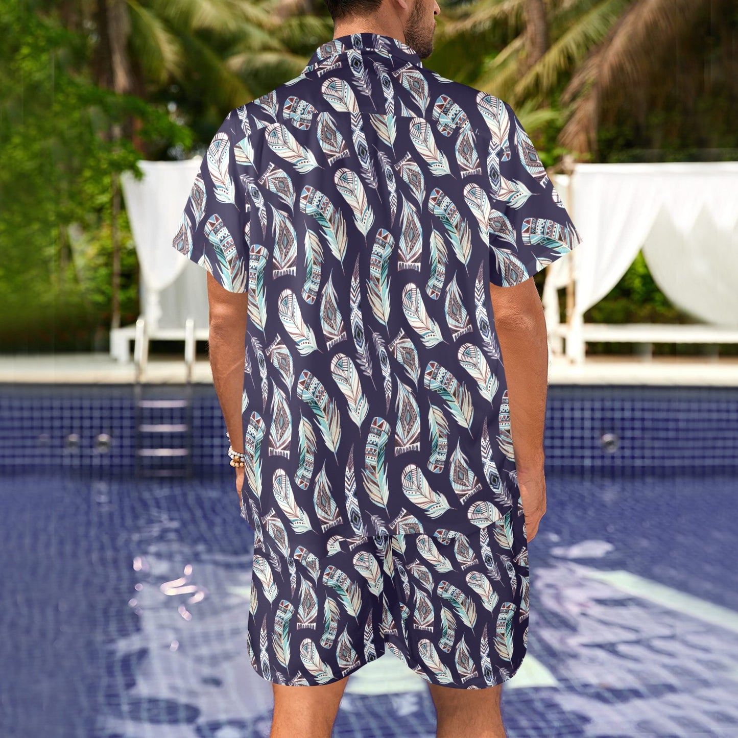 Feather Vintage Boho Design Print Men's Beach Shirt and Shorts Set