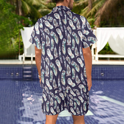 Feather Vintage Boho Design Print Men's Beach Shirt and Shorts Set
