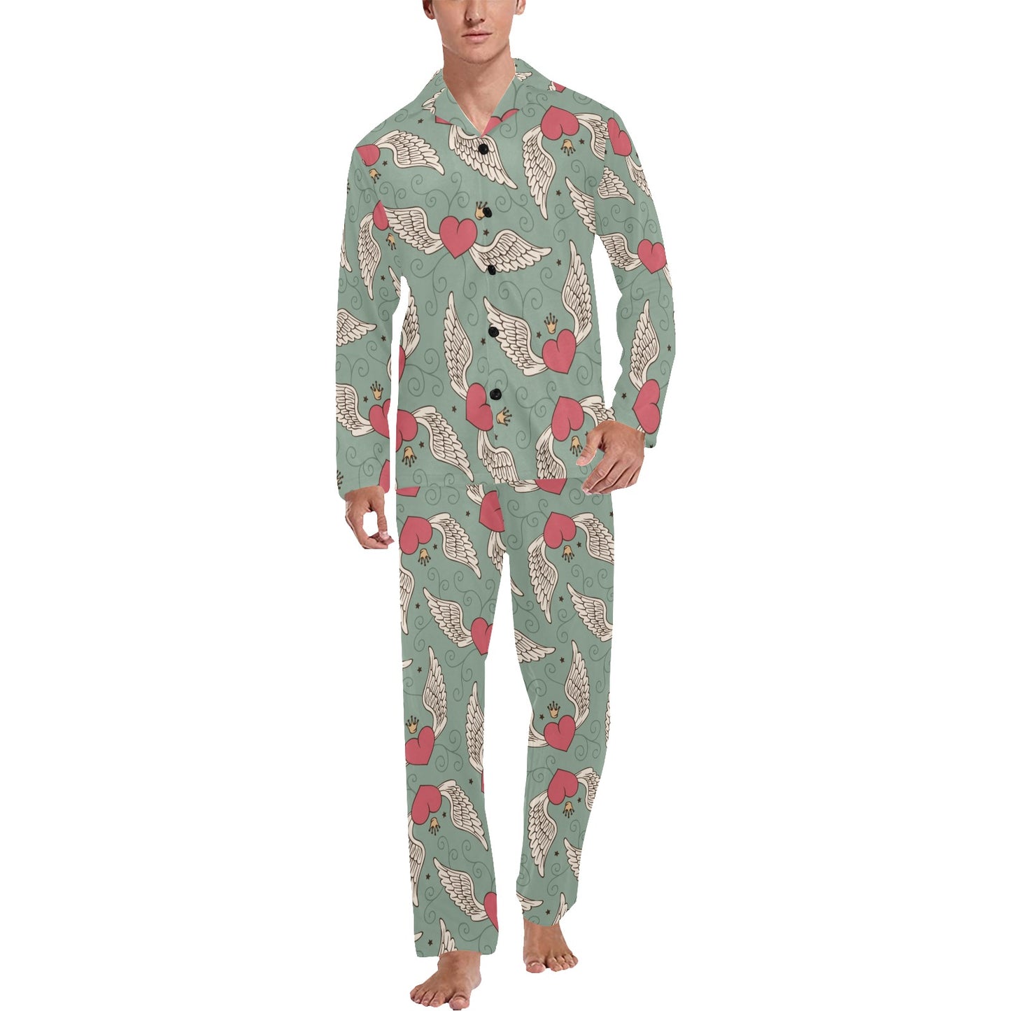 Angel Wings Heart Design Themed Print Men's Long Pajama Set