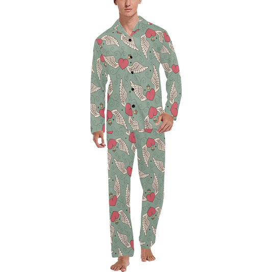 Angel Wings Heart Design Themed Print Men's Long Pajama Set
