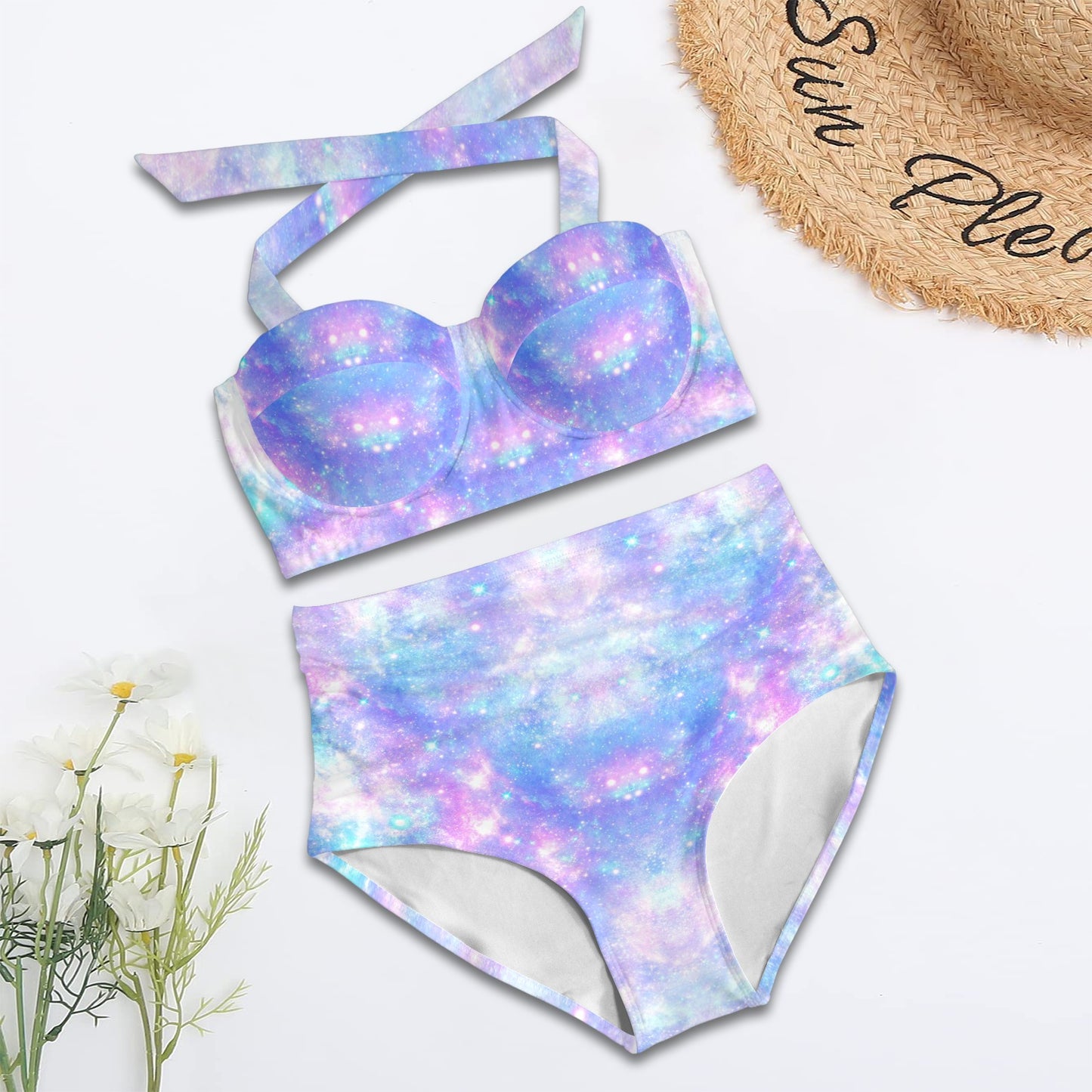 Galaxy Stardust Pastel Color Print Halter Neck Bikini Swimsuit