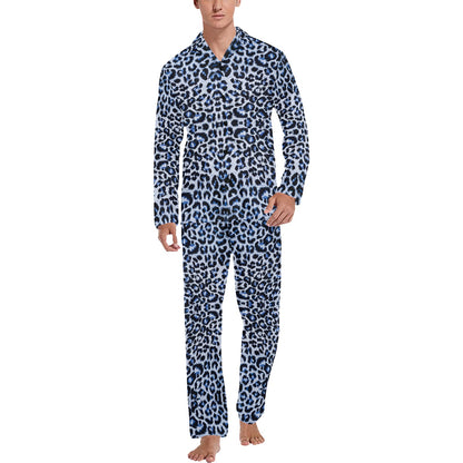 Leopard Blue Skin Print Men's Long Pajama Set