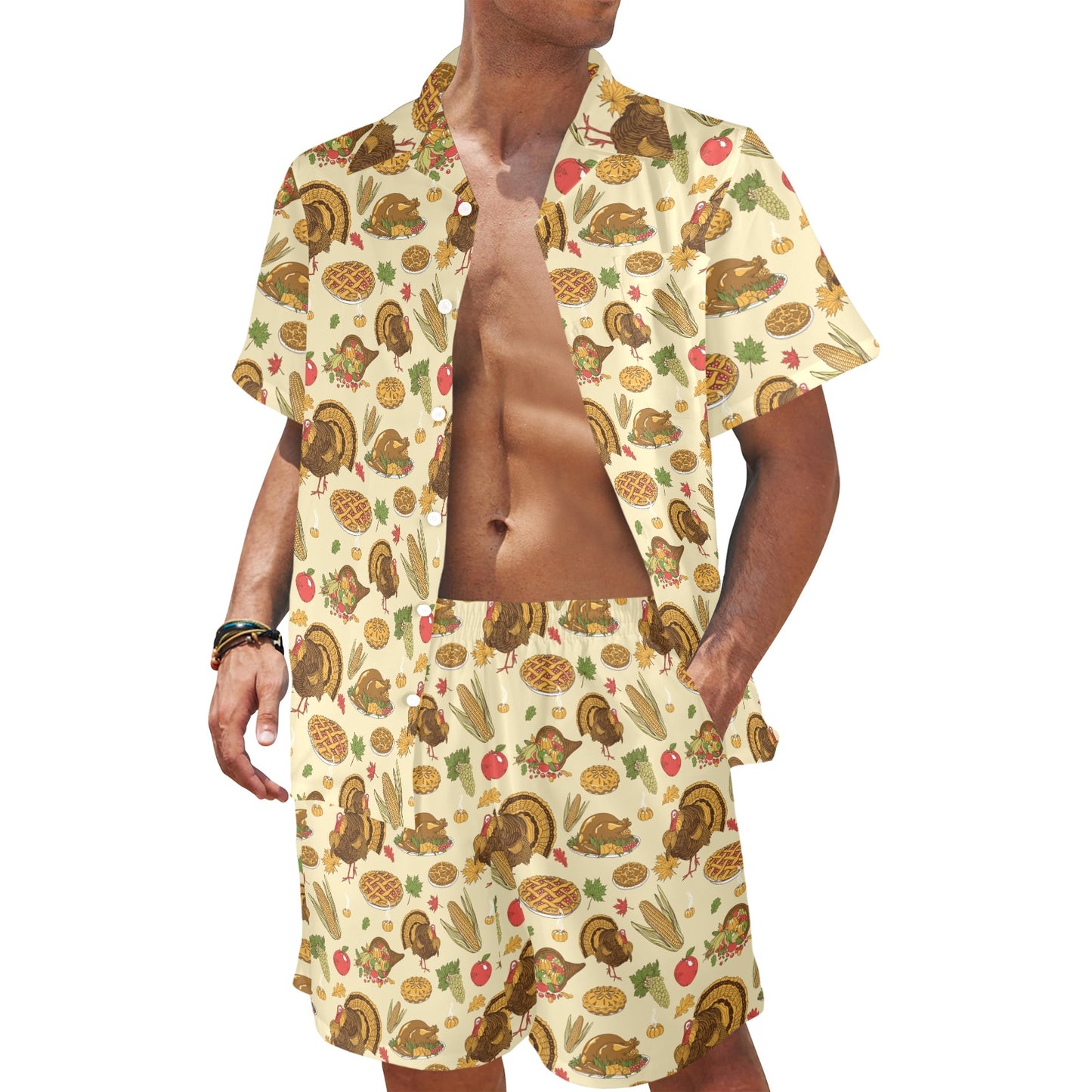 Thanksgiving Print Design LKS302 Men's Beach Shirt and Shorts Set