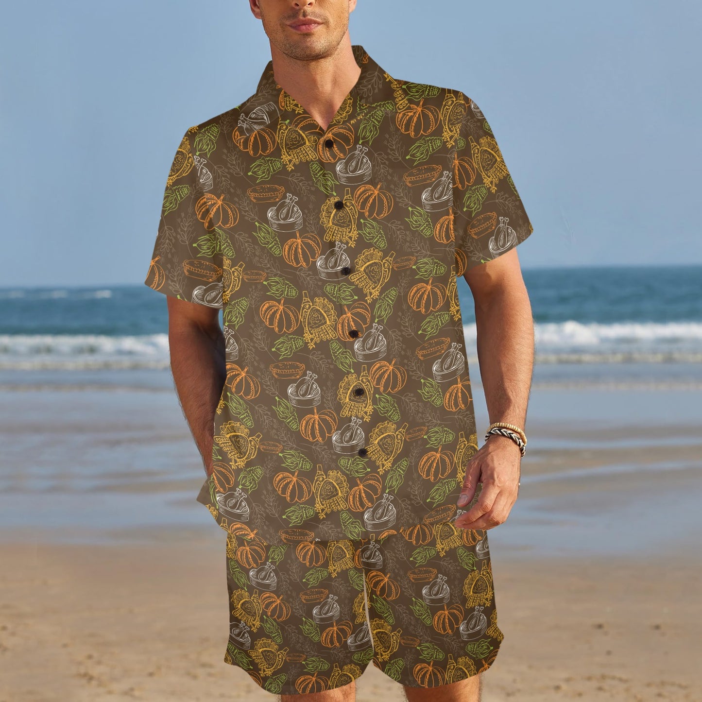 Thanksgiving Print Design LKS301 Men's Beach Shirt and Shorts Set
