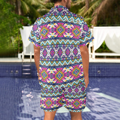 Aztec Pink Geometric Print Pattern Men's Beach Shirt and Shorts Set