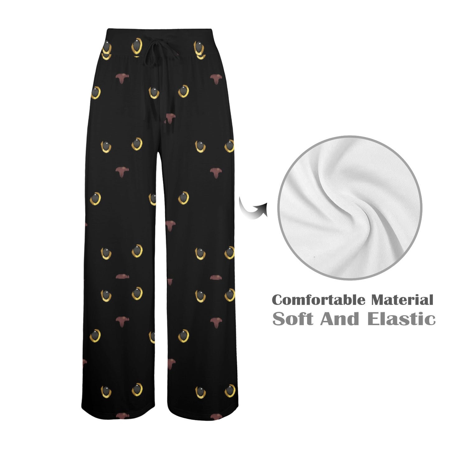 Black Cat Face Print Pattern Women's Wide Leg Lounge Pants