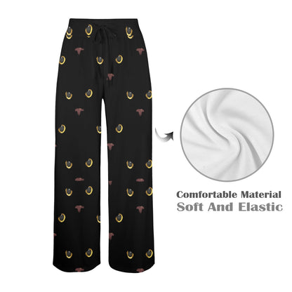 Black Cat Face Print Pattern Women's Wide Leg Lounge Pants
