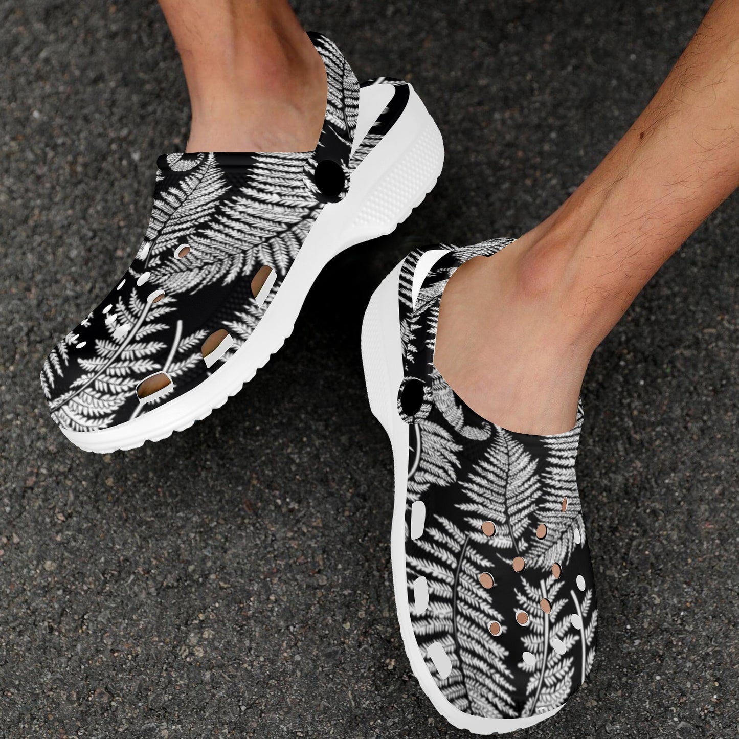 Fern Leave Black White Print Pattern Unisex Clogs Shoes