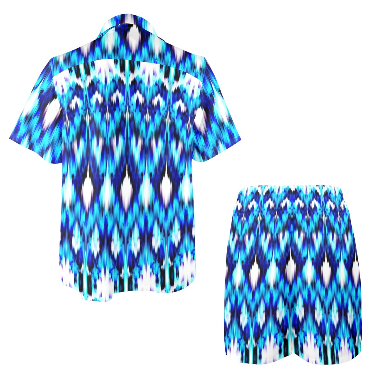 Ikat Blue Pattern Print Design 01 Men's Beach Shirt and Shorts Set