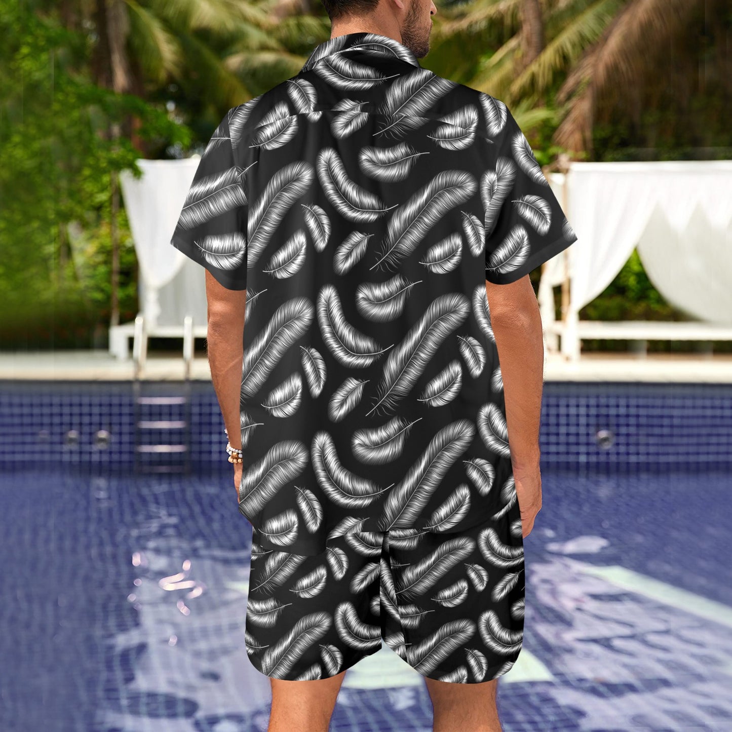 Feather Black White Design Print Men's Beach Shirt and Shorts Set