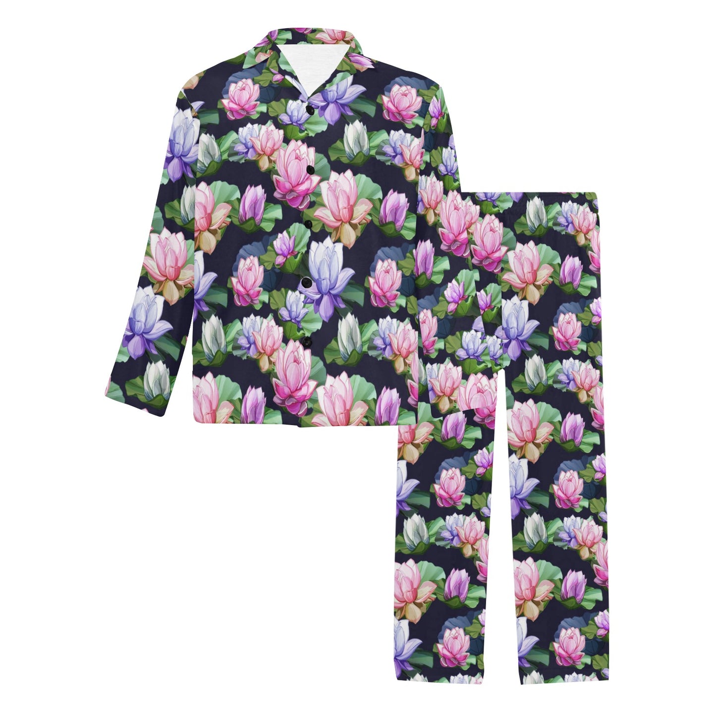 Lotus Flower Print Design Men's Long Pajama Set