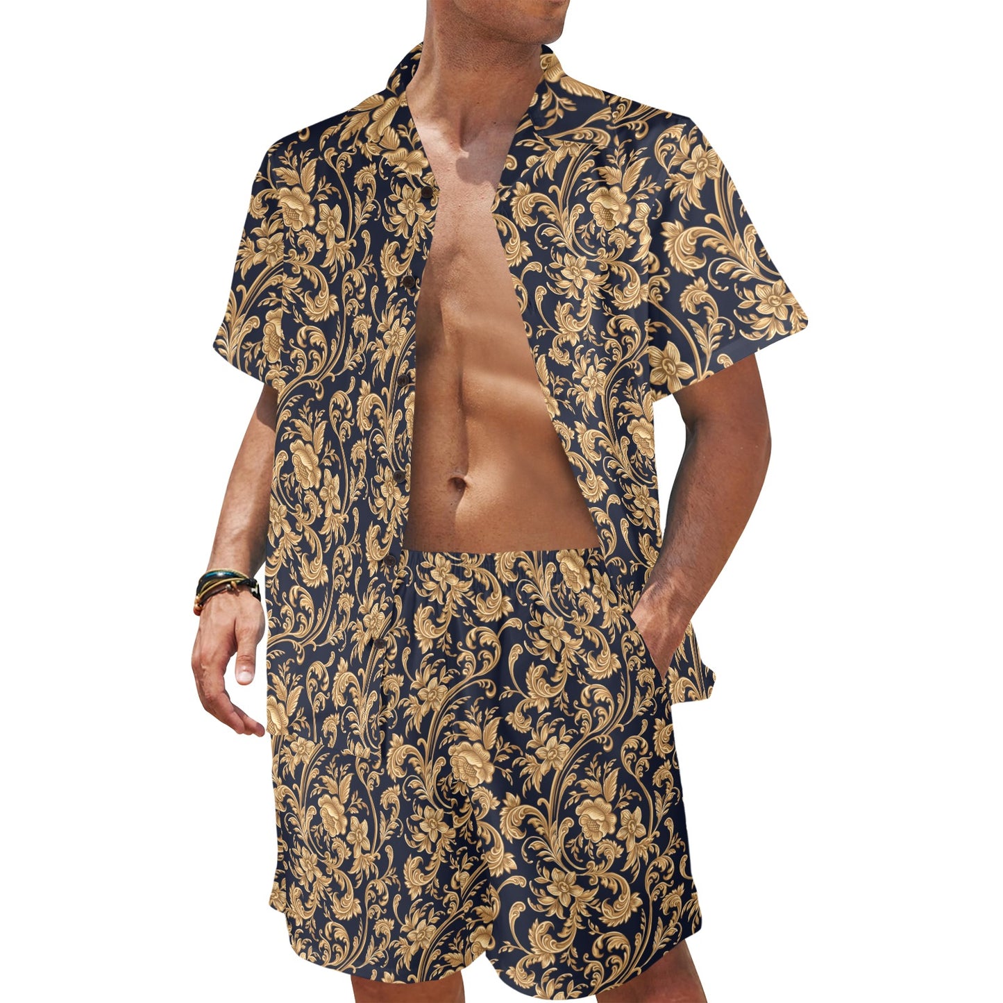 Baroque Golden Pattern Print Design 03 Men's Beach Shirt and Shorts Set