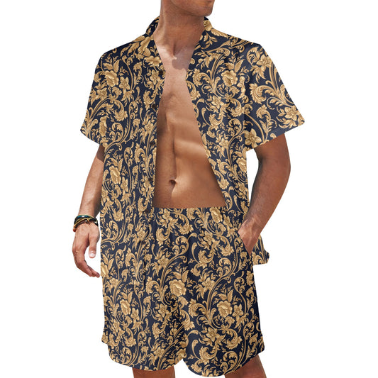 Baroque Golden Pattern Print Design 03 Men's Beach Shirt and Shorts Set