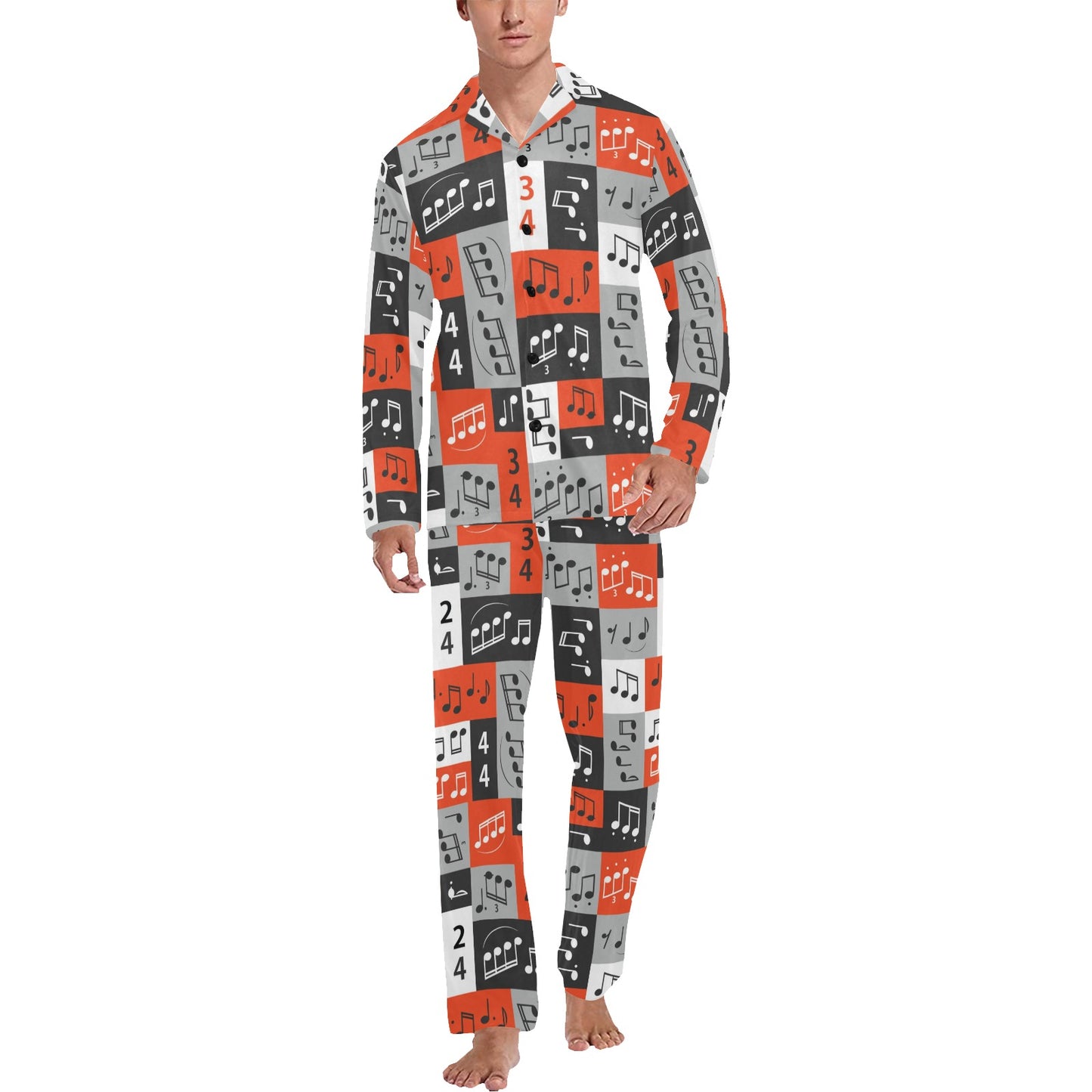 Music Note Design Themed Print Men's Long Pajama Set