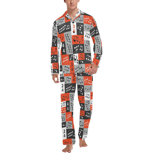 Music Note Design Themed Print Men's Long Pajama Set