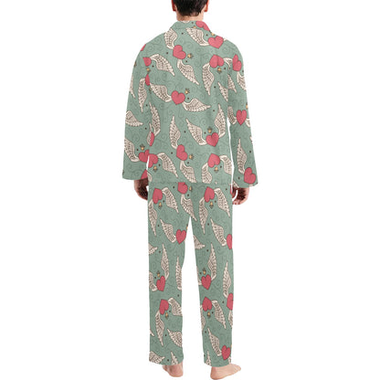 Angel Wings Heart Design Themed Print Men's Long Pajama Set