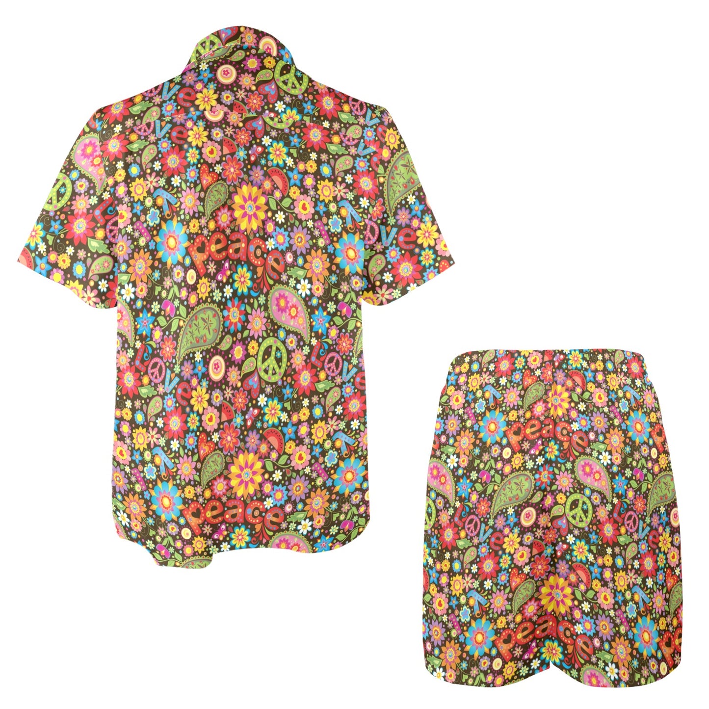 Flower Power Peace Paisley Themed Print Men's Beach Shirt and Shorts Set