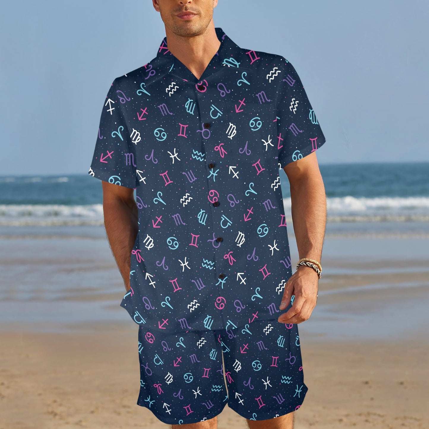 Constellation Pattern Print Design 04 Men's Beach Shirt and Shorts Set