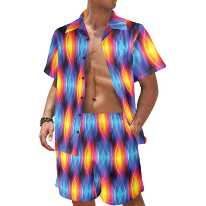 Flame Fire Blue Design Print Men's Beach Shirt and Shorts Set