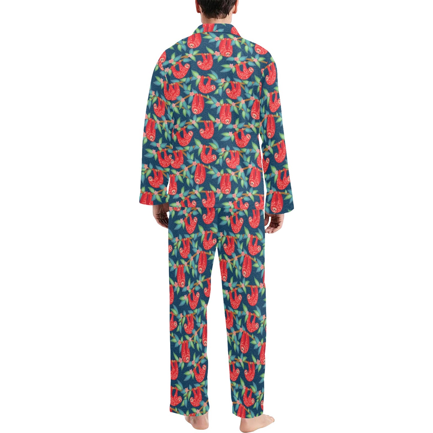 Sloth Red Design Themed Print Men's Long Pajama Set