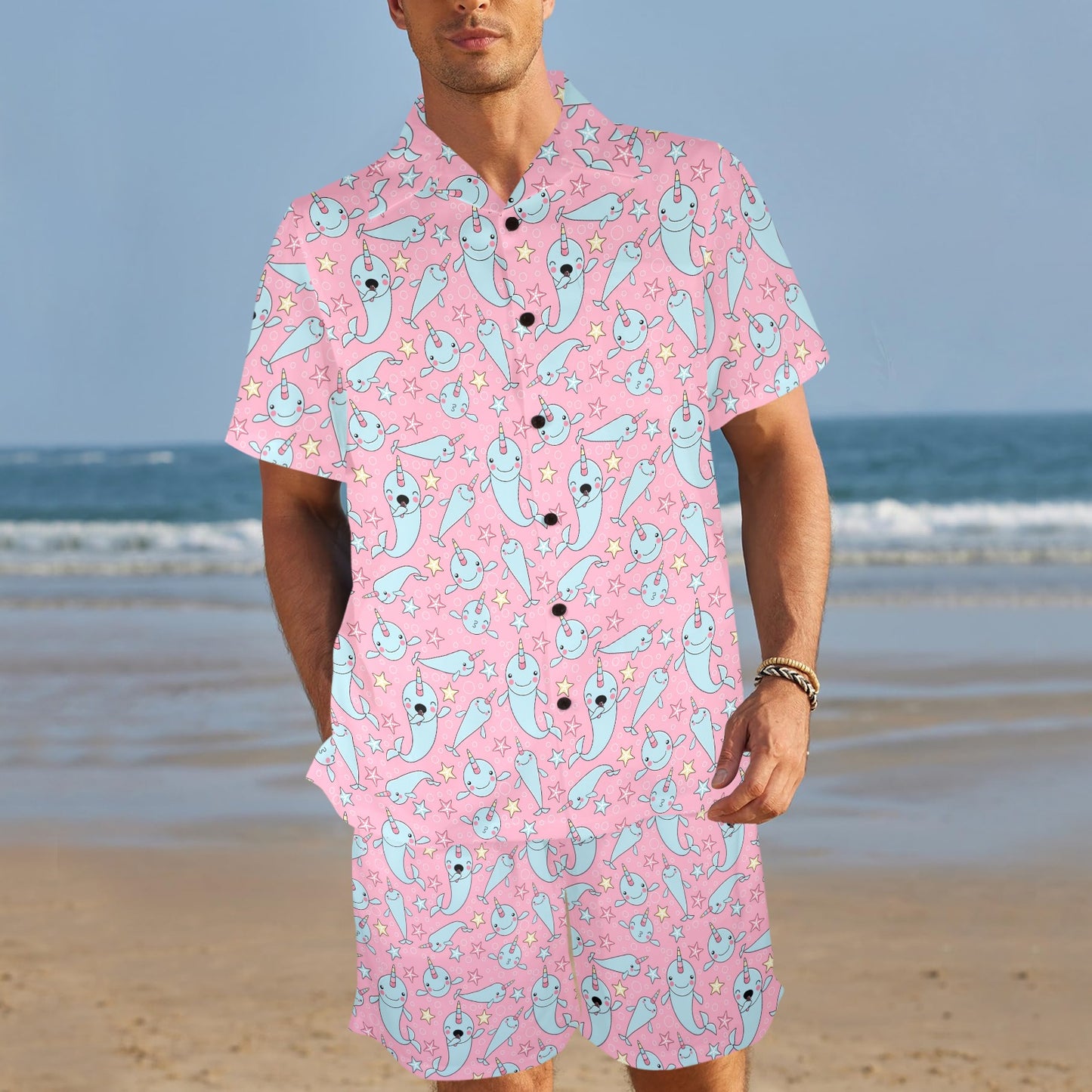 Narwhal Cartoon Cute Print Men's Beach Shirt and Shorts Set